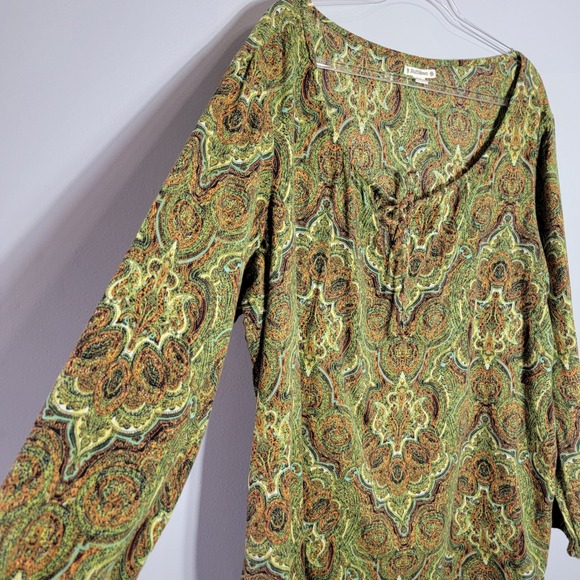 Ruff Hewn Womens 3X Paisley Print Long Sleeve Blouse Green Lightweight Cotton - Picture 3 of 8